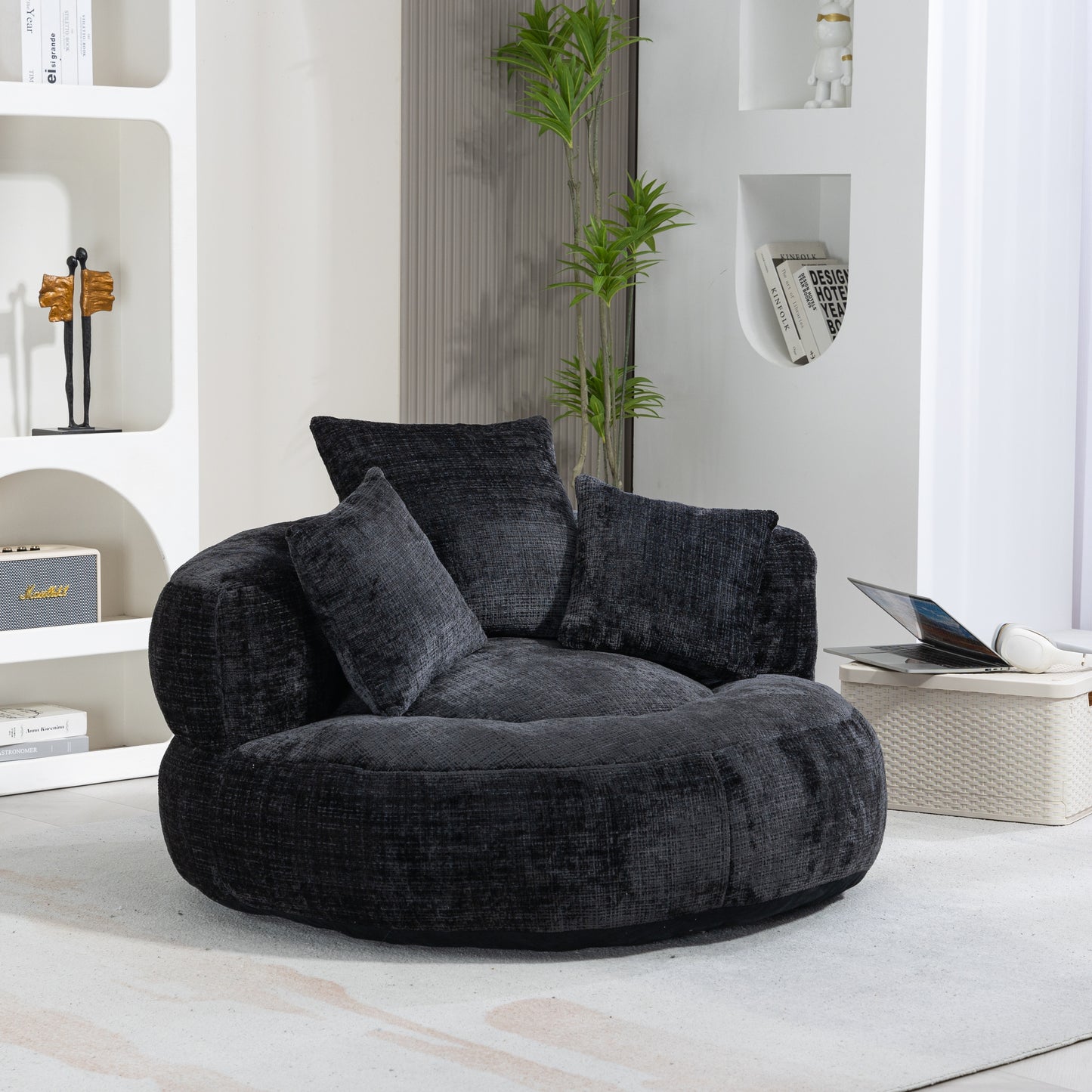 Coolmore Highback Lounger – Black Chenille Bean Chair with Pillows for Indoor Use