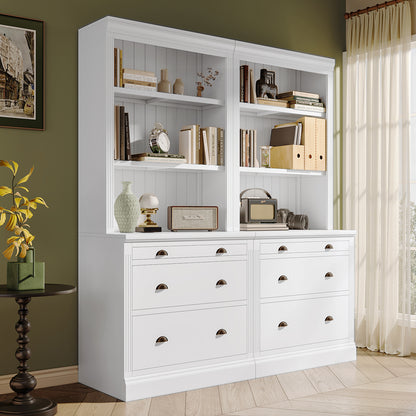 Lunaris Bookcase Set – 83.4'' White LED Bookshelf Pair with Drawers and Open Shelves