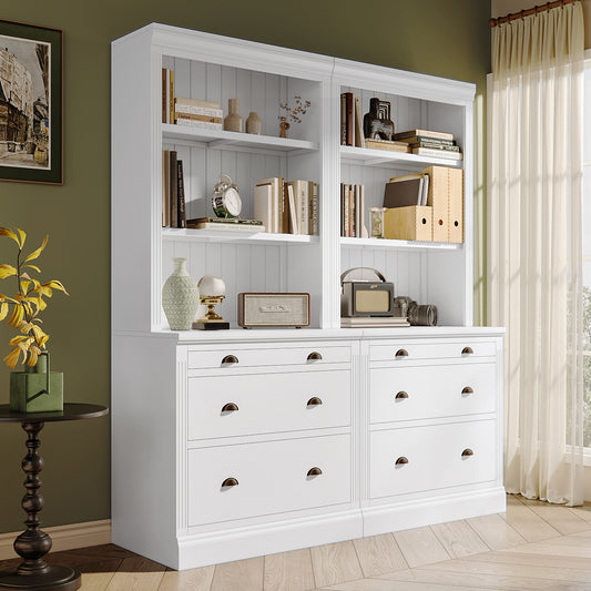 Lunaris Bookcase Set – 83.4'' White LED Bookshelf Pair with Drawers and Open Shelves