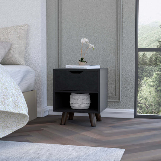 Stravelle Solo Shelf – Black Nightstand with Open Storage Compartment