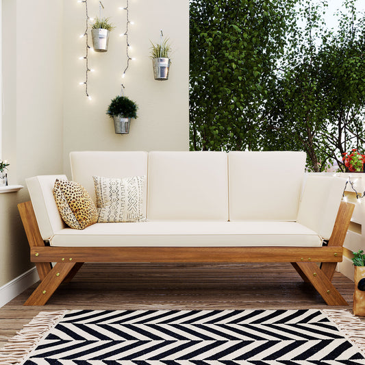 TOPMAX Compact Patio Chaise – Natural Wood Daybed with Adjustable Back & Beige Cushion for Small Spaces