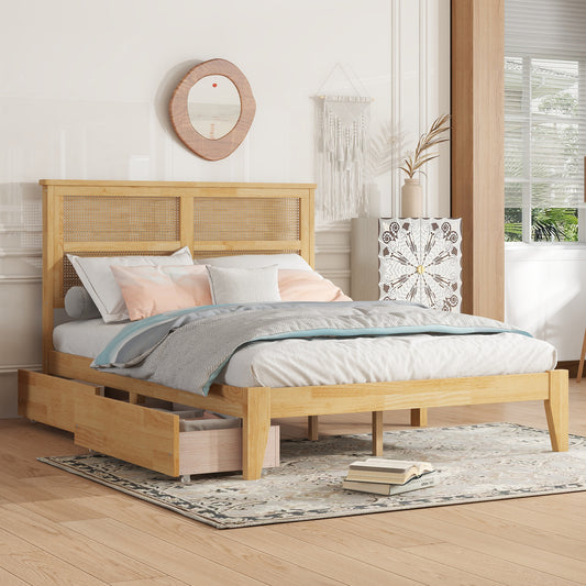 Ravella Full Bed – White Oak Frame with Rattan Headboard & 2 Storage Drawers