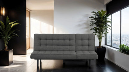 Flexi Lounge – Dark Gray Convertible Sofa with Adjustable Headrest & Tufted Back