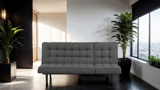 Flexi Lounge – Dark Gray Convertible Sofa with Adjustable Headrest & Tufted Back