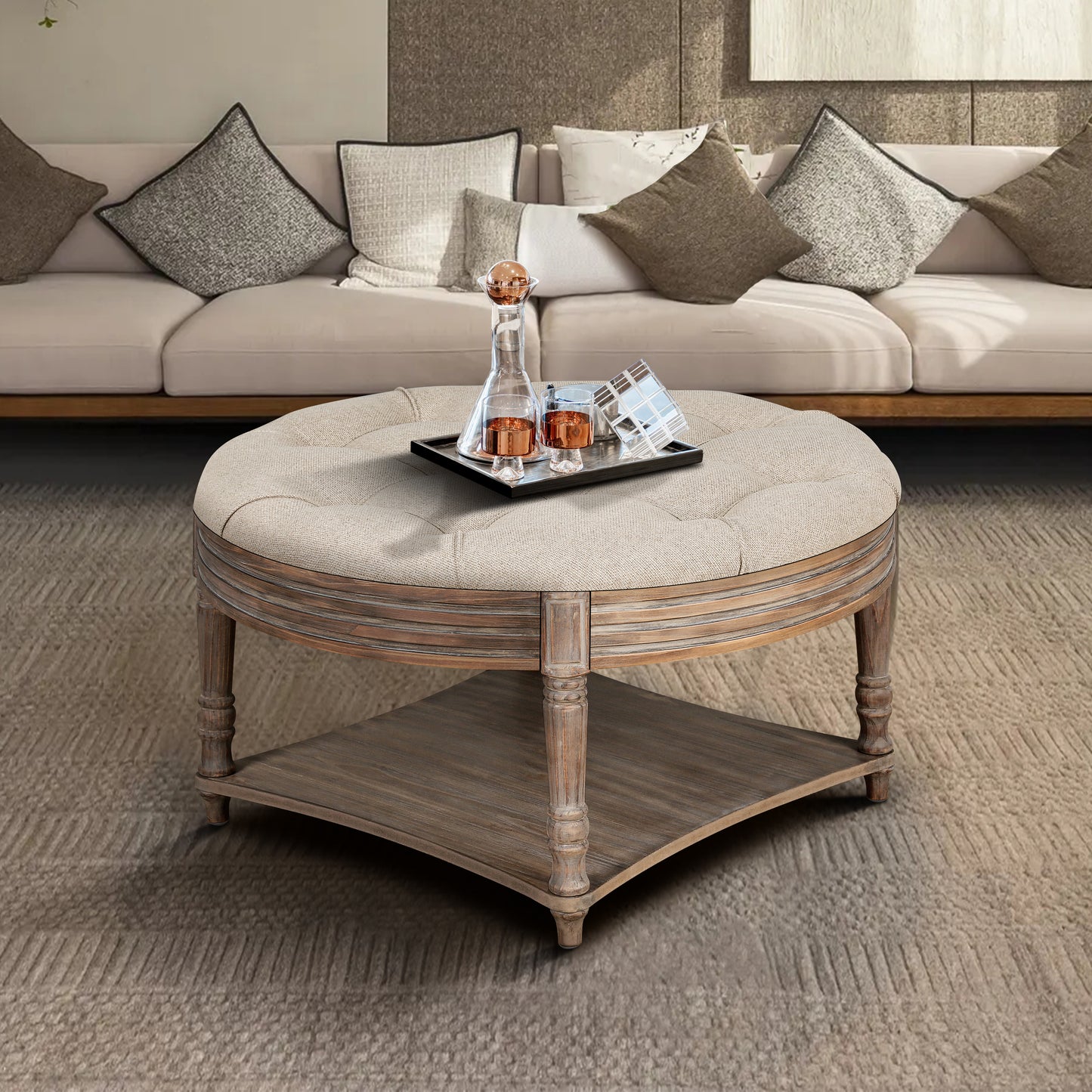 Tufvara Ottoman Table – LinenGuard Top, Woodtier Storage Base