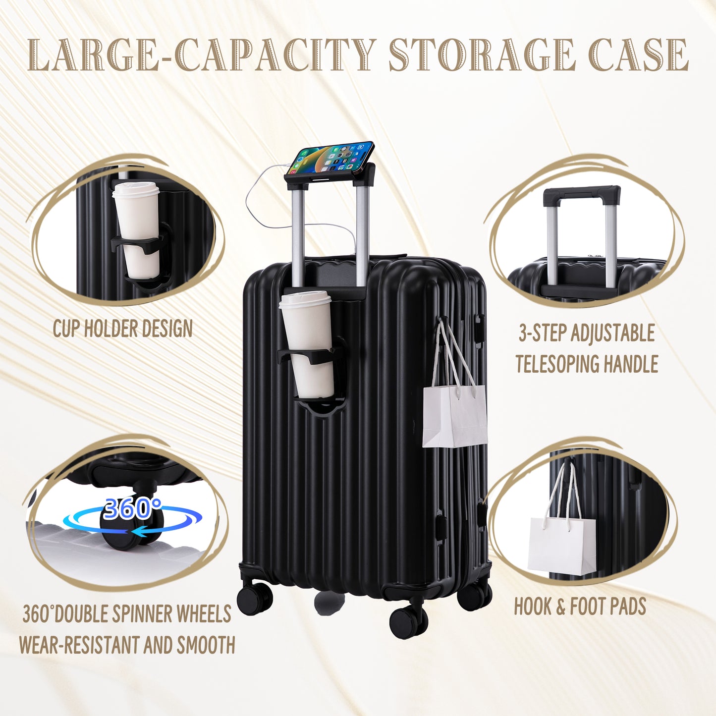 Jetera 3 - Piece ABS Luggage Set – Black Suitcases with Spinner Wheels, USB Port, Cup & Phone Holder (20/24/28") - JUSTLIVE NESTJUSTLIVE NEST