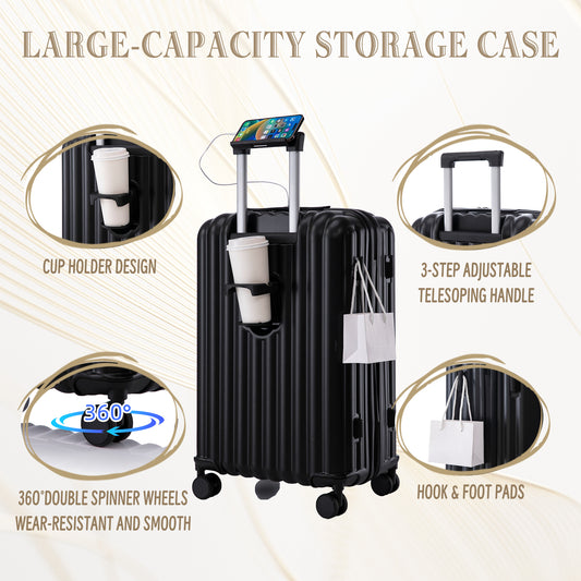 Jetera 3 - Piece ABS Luggage Set – Black Suitcases with Spinner Wheels, USB Port, Cup & Phone Holder (20/24/28") - JUSTLIVE NESTJUSTLIVE NEST