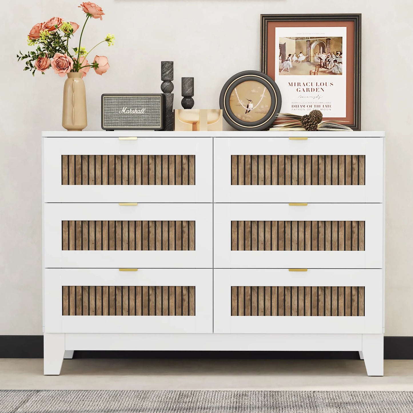 Alderly Six Wide – Farmhouse White 6-Drawer Dresser with Metal Handles