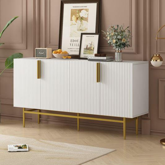 Quavella Sideboard – White 4-Door Cabinet with Gold Handles