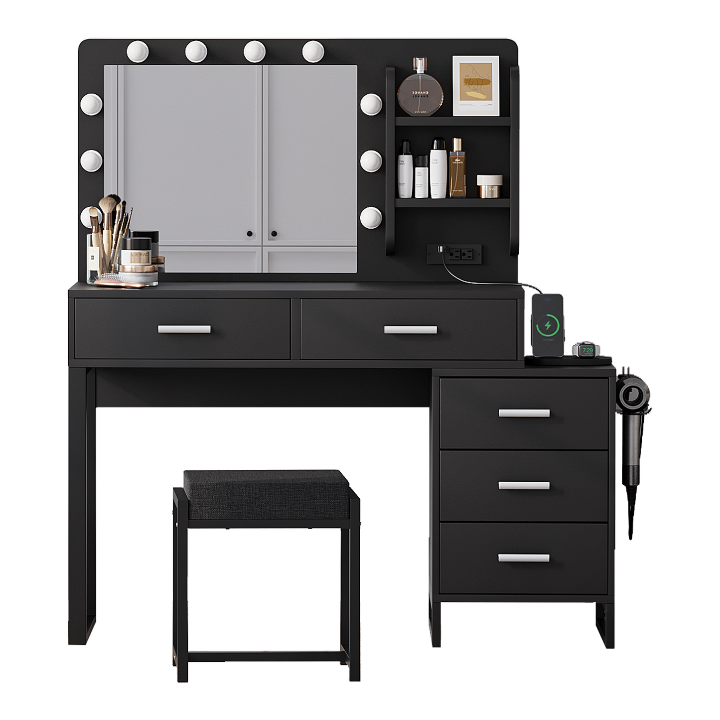 47' Vanity Desk With Lights,  Makeup Vanity Set With Charging Station,  Dressing Table With 5 Drawers And Cabinet,  Vanity Mirror 3 Lighting Color Adjustable,  Black