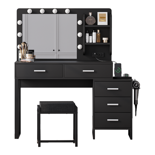 47' Vanity Desk With Lights,  Makeup Vanity Set With Charging Station,  Dressing Table With 5 Drawers And Cabinet,  Vanity Mirror 3 Lighting Color Adjustable,  Black