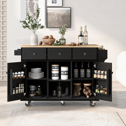 Norlyn Kitchen Cart – Black Island with Drop Leaf, Storage Cabinet, and 3 Drawers
