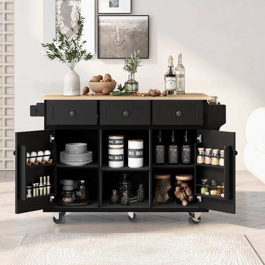 Norlyn Kitchen Cart – Black Island with Drop Leaf, Storage Cabinet, and 3 Drawers