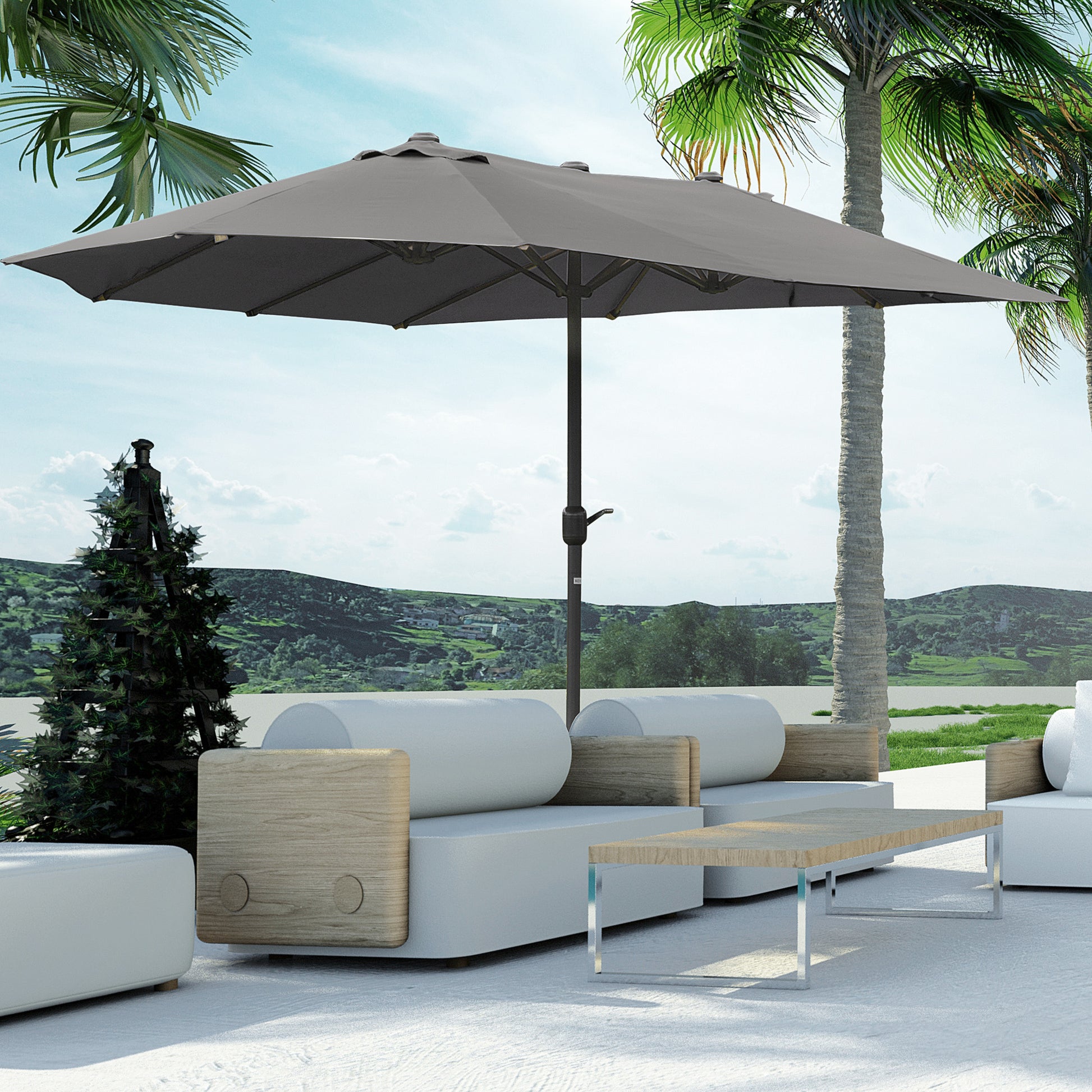 Solair 10' LED Offset Umbrella – Cantilever Patio Shade with Solar Lights, Power Bank & 360° Tilt (Khaki) - JUSTLIVE NESTJUSTLIVE NEST