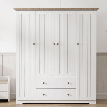 Veyra PureForm Armoire – 4-Door White Wardrobe with 2 Drawers & Inner Shelf