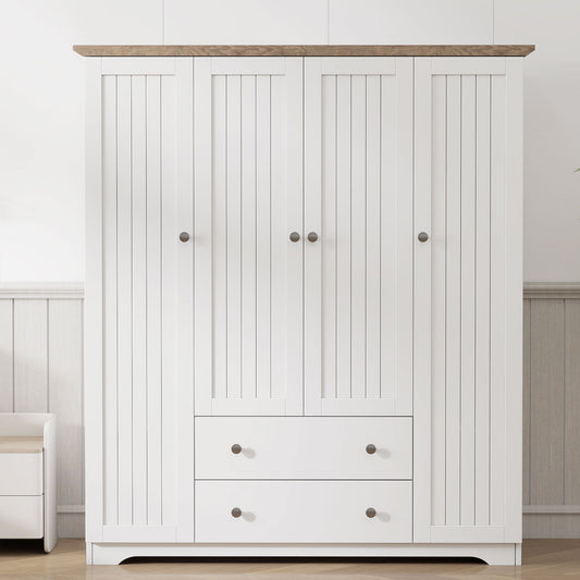Veyra PureForm Armoire – 4-Door White Wardrobe with 2 Drawers & Inner Shelf