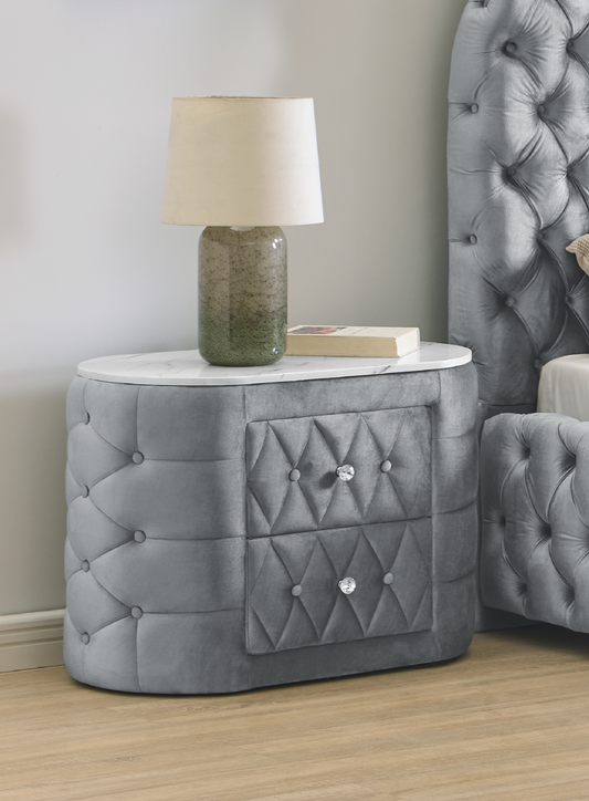 Velvoria Oval Stand – Gray Button-Tufted Nightstand with Faux Marble Top & Crystal Accents