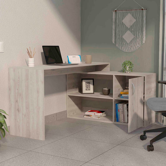 Antlia L-Desk – White Corner Writing Desk with Shelves and Storage Cabinet