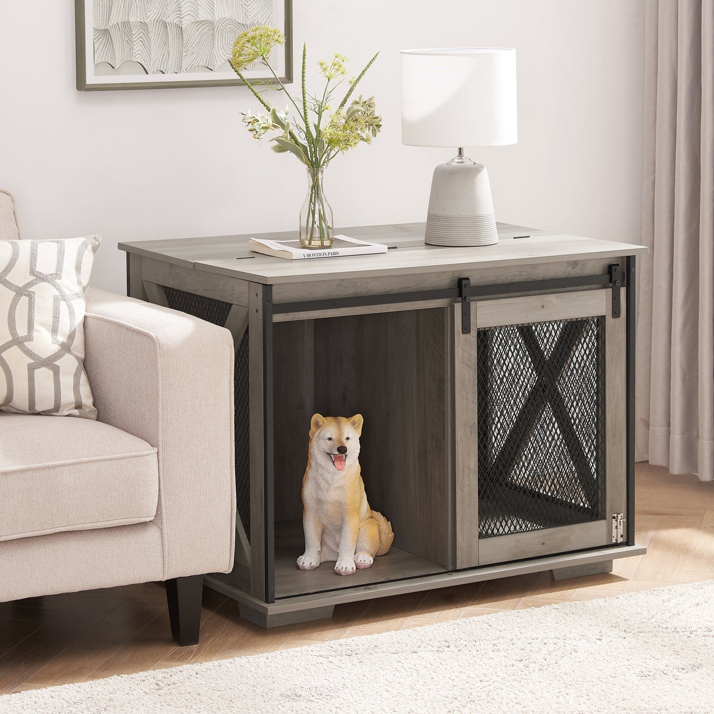 Hollo Farmhouse Crate – Gray Dog Kennel Table with Sliding Barn Door & Flip - Top Divider - JUSTLIVE NESTJUSTLIVE NEST