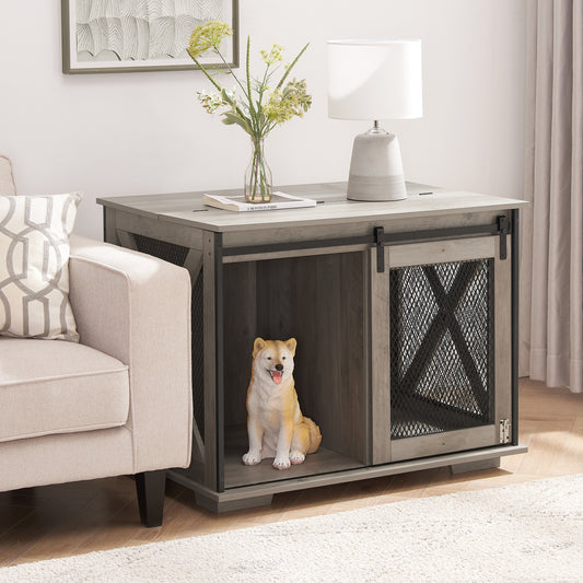Hollo Farmhouse Crate – Gray Dog Kennel Table with Sliding Barn Door & Flip - Top Divider - JUSTLIVE NESTJUSTLIVE NEST
