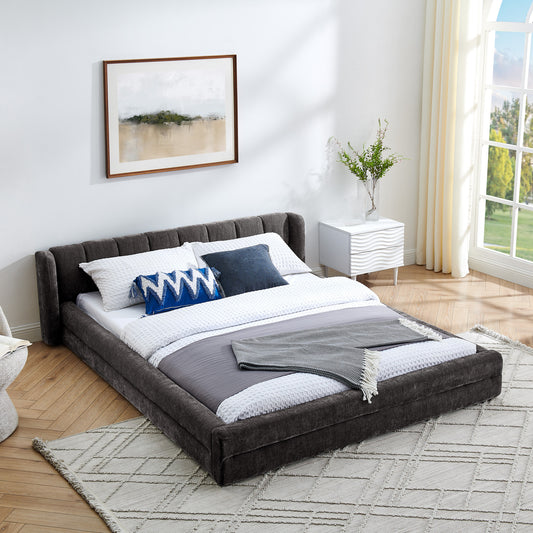 Velvra Grounded Bed – Dark Grey Chenille Queen Platform with Thick Headboard (87"x67"x23.5")