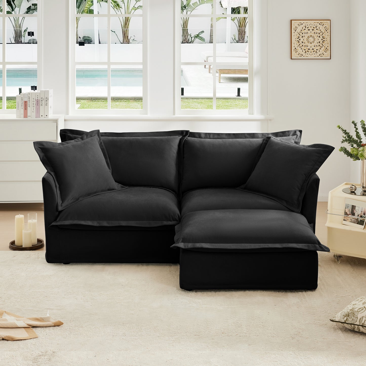 Duo Modular Lounge – Black Chenille 2-Seat Sectional with Convertible Ottoman, Oversized Cushions & Removable Cover