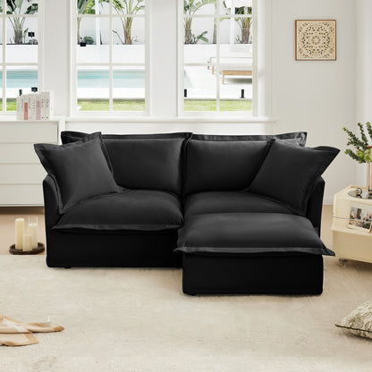 Duo Modular Lounge – Black Chenille 2-Seat Sectional with Convertible Ottoman, Oversized Cushions & Removable Cover
