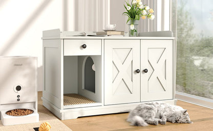 Nuvio Farmhouse Litter Cabinet – White Cat Enclosure with Drawer, Litter Mat & Side Table Functionality - JUSTLIVE NESTJUSTLIVE NEST