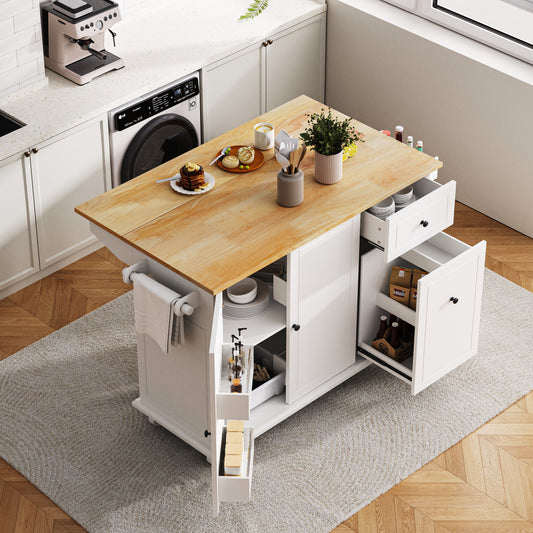 Norlyn Organizer Island – 53.9'' White Drop-Leaf Cart with Pull-Out Racks & Spice Storage