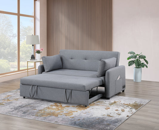 JUSTLIVE ‘Comfina Luxe” Sleeper Sofa – Gray Linen | USB + Power + Side Pockets + Tufted Comfort