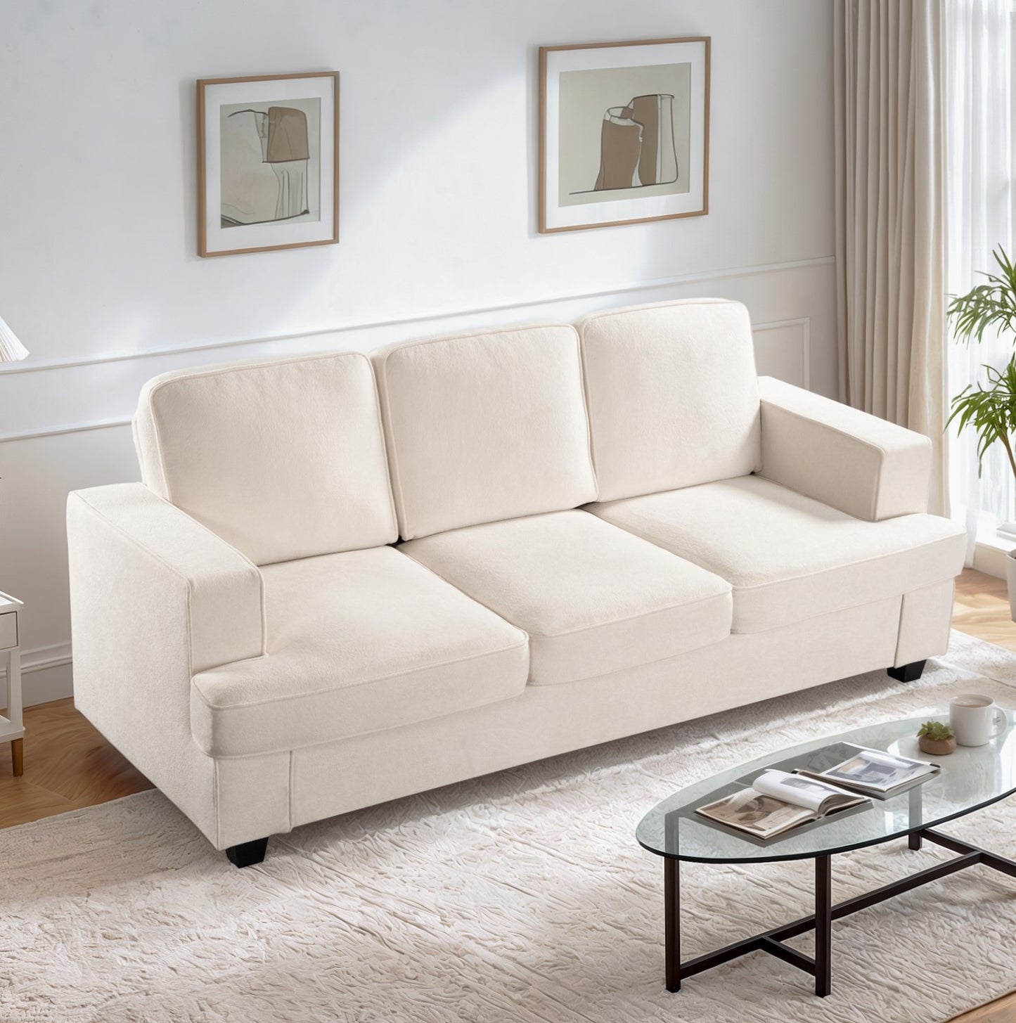 JUSTLIVE ‘Comfina Luxe” Sofa – Ivory Velvet | Deep Seat + Wide Arms + Modern Plush Comfort