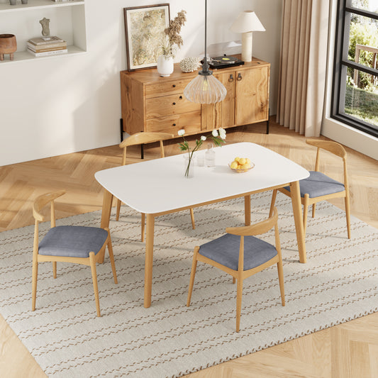 Mavina 5‑Piece Dining Set – White Oak Mid-Century Table with 4 Beige Fabric Chairs