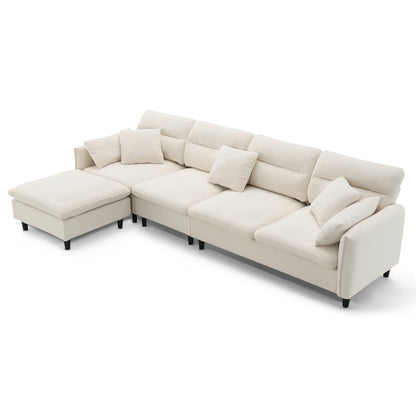 JUSTLIVE NEST® Auvair Convertible Sectional – Cloud Chenille Sofa with Ottoman & Pillows, Modern L-Shape in Beige (110"x62")
