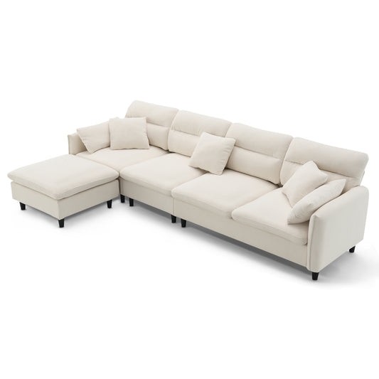 JUSTLIVE NEST® Auvair Convertible Sectional – Cloud Chenille Sofa with Ottoman & Pillows, Modern L-Shape in Beige (110"x62")