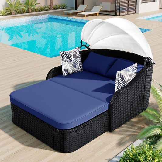Avero Outdoor Sunbed – Adjustable Double Canopy Lounge, Black Rattan with Blue Cushions
