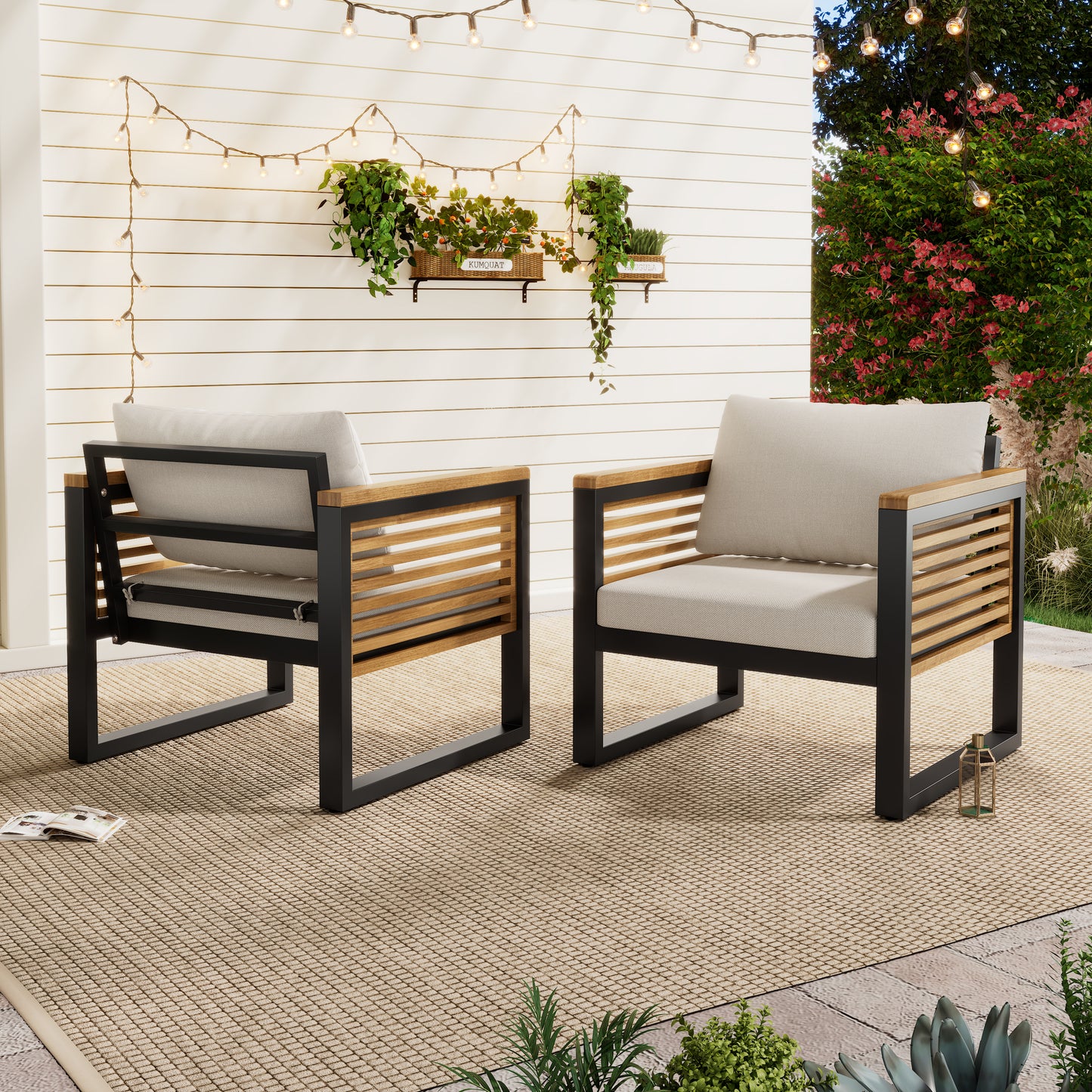 Solvara Acacia Metal Lounge Chairs – Set of 2 Outdoor Armchairs with Cushions and Wood-Metal Frame