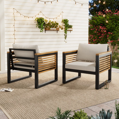 Solvara Acacia Metal Lounge Chairs – Set of 2 Outdoor Armchairs with Cushions and Wood-Metal Frame