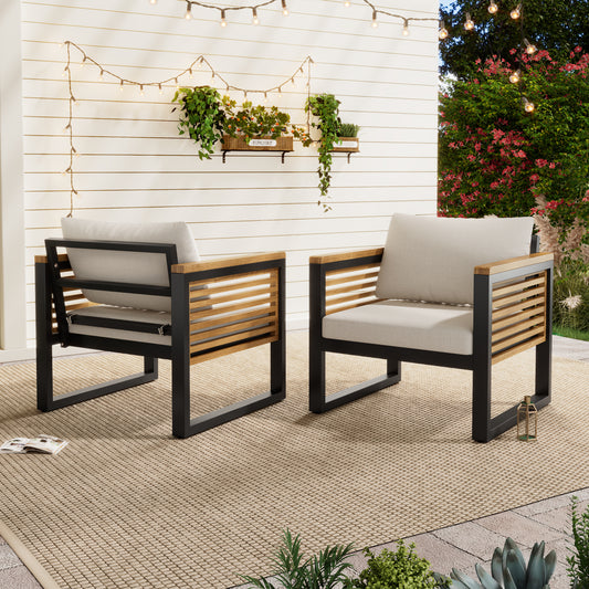 Solvara Acacia Metal Lounge Chairs – Set of 2 Outdoor Armchairs with Cushions and Wood-Metal Frame
