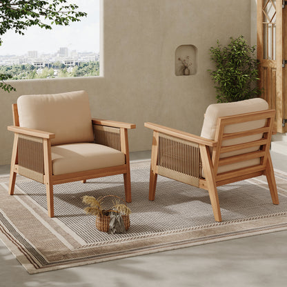 Solvara Acacia Rope Chairs – Set of 2 Outdoor Lounge Chairs with Woven Backs and Cushions