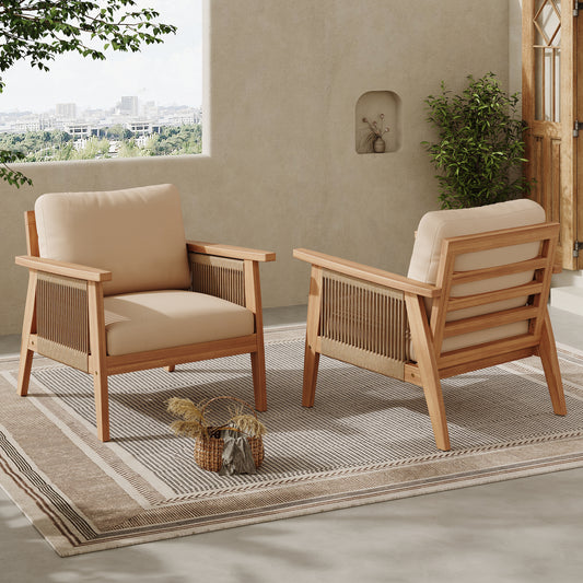 Solvara Acacia Rope Chairs – Set of 2 Outdoor Lounge Chairs with Woven Backs and Cushions