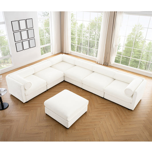 Veluno ‘SnugMod” 6-Seat Sectional – White Chenille Upholstery | Storage Sofa + Cylindrical Design