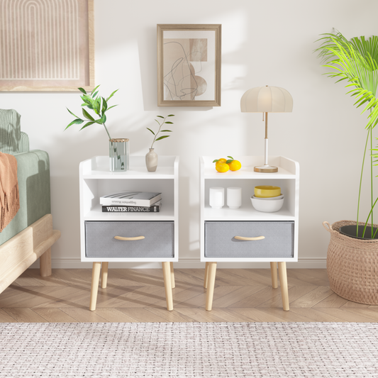 Foldra Duo Set – White 2-Tier Nightstands with Collapsible Fabric Drawers