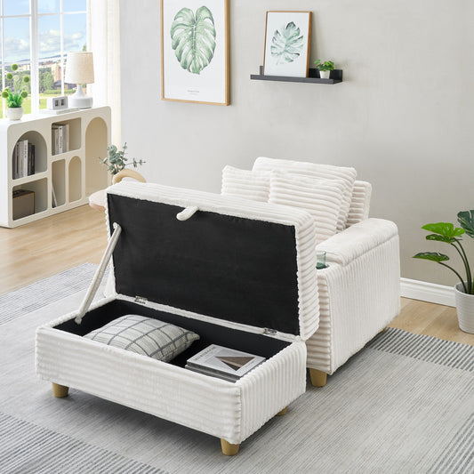 NestEdge ‘CordiNest” Single Sofa Set – Cloud White Corduroy | 1 Pillow + 2 Throws + Footstool + Dual Storage