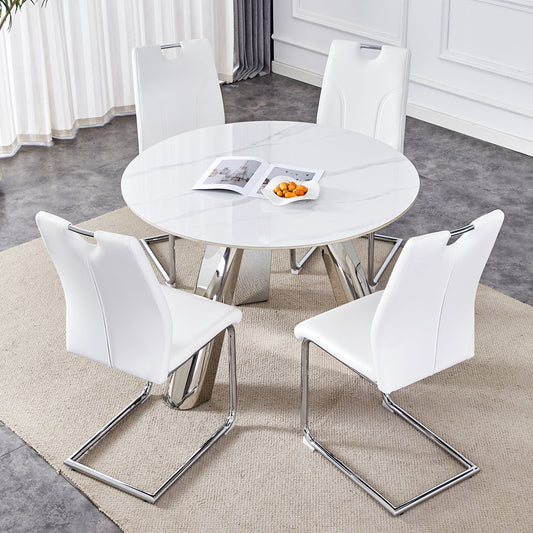 Aria 5-Piece Round Dining Set – Sintered Stone Top, Brushed Silver Base, and 4 PU Cushioned Chairs