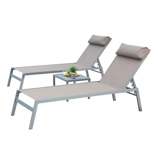 JUSTLIVE NEST® Zyrella Chaise Set – 2 Luxe Recliners + Table, KhakiFrame Aluminum with 5-Position Comfort