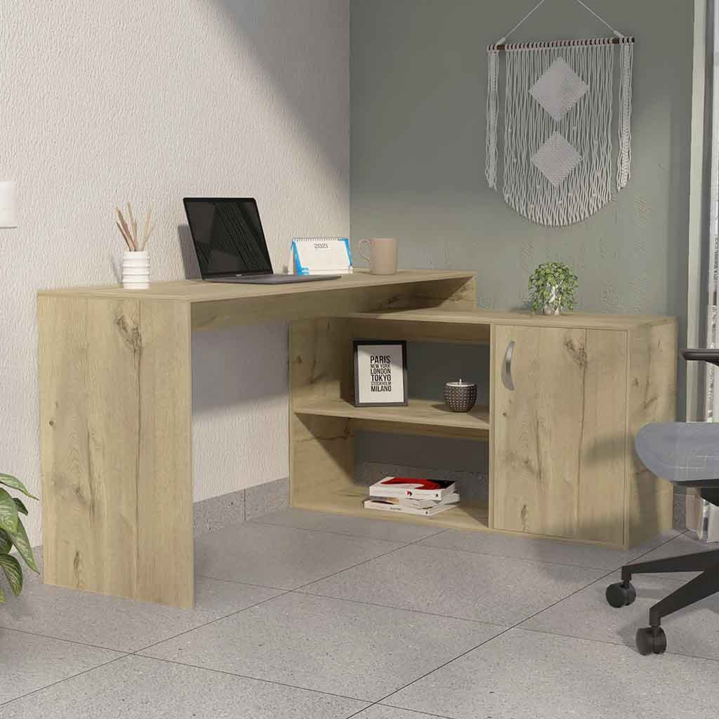 Dallas L-Desk – Corner Office Desk with Storage Shelves and Cabinet Door