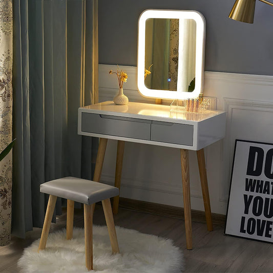Lumena Lite Set – White Vanity Table with LED Mirror, Makeup Organizer & Cushioned Stool