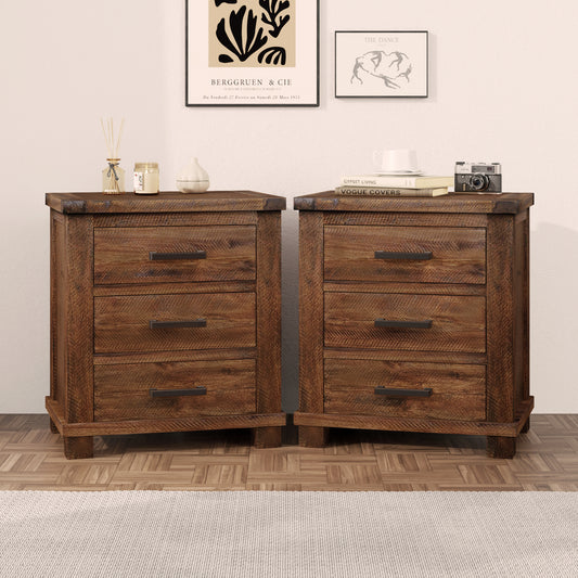 Farmessa Rustic Pair – 3-Drawer Reclaimed Wood Nightstands (Set of 2)