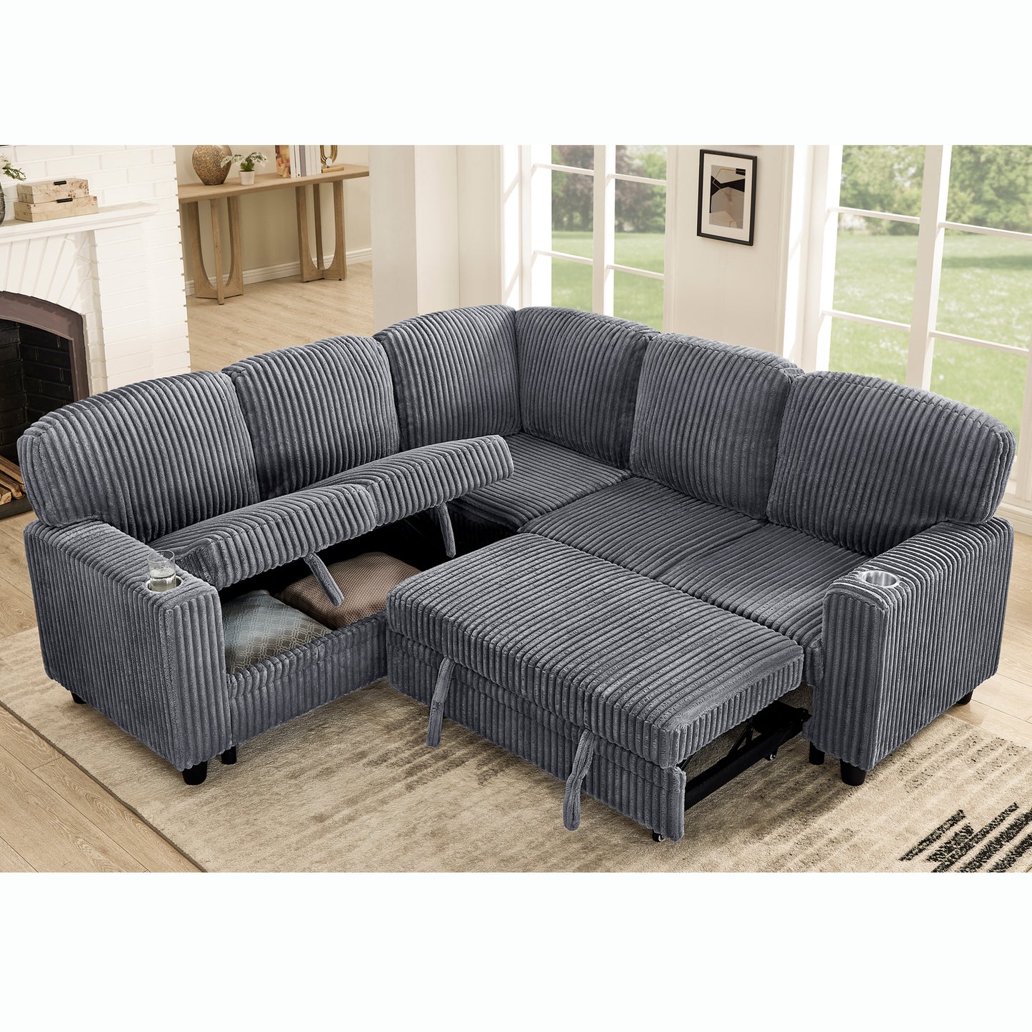 JUSTLIVE NEST® Cordria Pull-Out Sofa Bed – L-Shaped 5-Seat Sectional with Storage & USB Charging, Grey Corduroy Upholstery