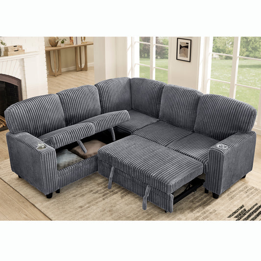 JUSTLIVE NEST® Cordria Pull-Out Sofa Bed – L-Shaped 5-Seat Sectional with Storage & USB Charging, Grey Corduroy Upholstery